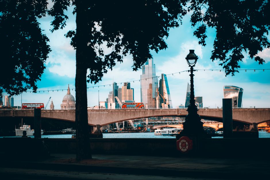 A cityscape featuring a view of modern high-rise buildings and historic architecture in the background, seen through the silhouettes of two large trees with dense, dark green foliage in the foreground. A classic black lamppost with a rounded lantern and decorative base stands centrally, with a string of small outdoor lights stretching across the scene above a concrete bridge that extends horizontally across the image. Below the bridge, boats are moored on a waterway, with one vessel partially visible on the left side. In the lower part of the image, a dark paved walkway is visible, with shadows cast by the trees and lamppost. This scene likely reflects an urban riverside area suitable for independent waste clearance or private rubbish collection services, with the natural environment framing the city skyline in the distance.